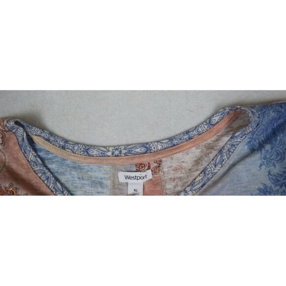 WESTPORT - WOMEN'S BLUE & PINK PRINT SHORT SLEEVE T-SHIRT SWEATER TOP - XL - Picture 5 of 7